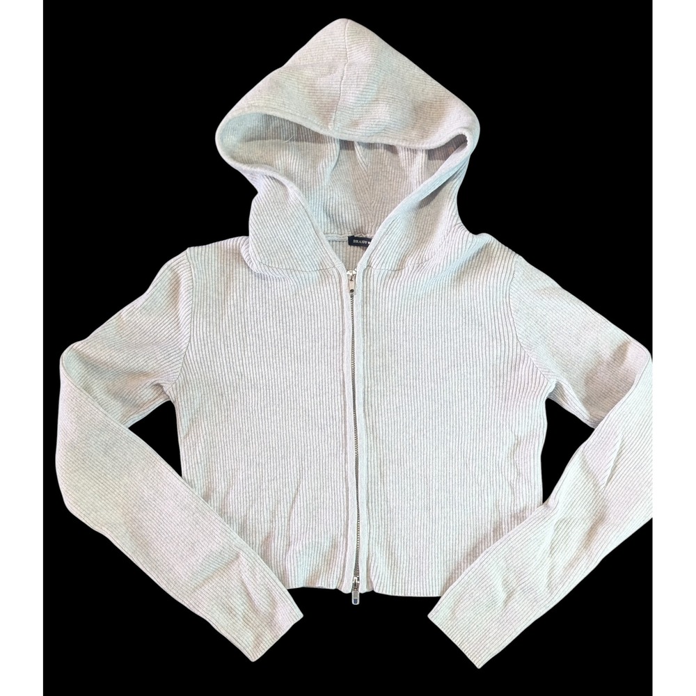 Brandy Melville Light Gray Ribbed Knit Cropped Full Zip Hoodie Sweater‎ Slim Fit